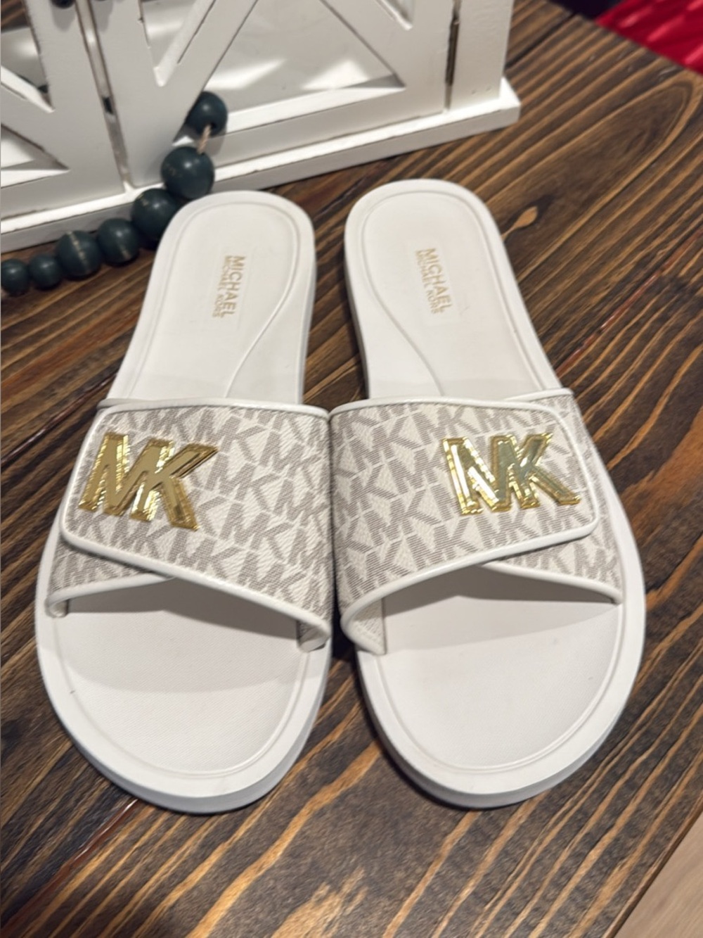 Michael Kors White Monogram Slide Sandals with Gold MK Logo